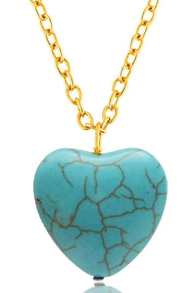 Sertifikalı Gold Kalp Model Firuze Taşı Kolye ve Küpe Seti (Turkuaz Taşı) - 2