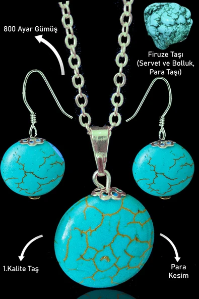 Sertifikalı Para Model Firuze Taşı Kolye ve Küpe Seti (Turkuaz Taşı)