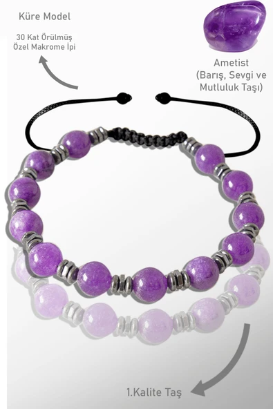 Sertifikalı Gerçek Hematit - Ametist Taşı Bileklik - Ayarlamalı (Hindistan) ürün görseli 1