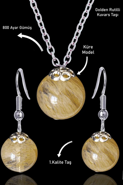 Sertifikalı Küre Model Golden Rutilli Kuvars Taşı Kolye ve Küpe Seti - Gümüş Aparatlı