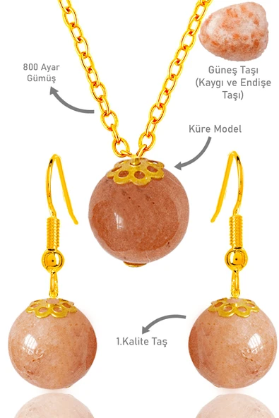 Sertifikalı Gold Küre Model Güneş Taşı Kolye ve Küpe Seti - Gümüş Aparatlı ürün görseli