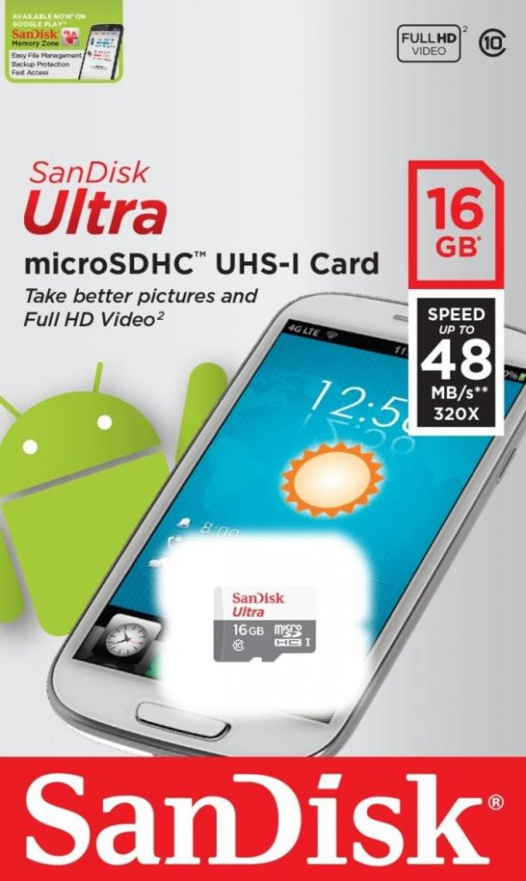 SANDISK FLASH MEMORY micro SD Card 16GB   CLASS 10 98mb