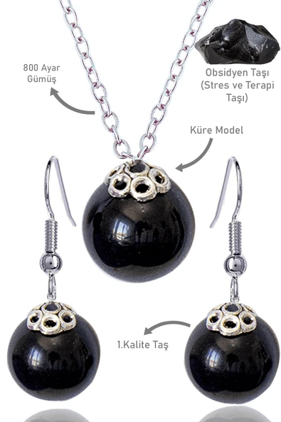 Sertifikalı Küre Model Siyah Obsidyen Taşı Kolye ve Küpe Seti - Gümüş Aparatlı