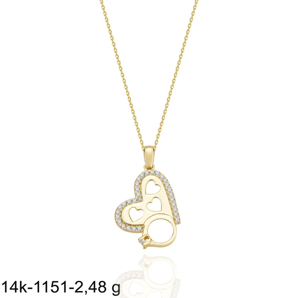 Kalp Tek Taş Özel Tasarım Çok Şık 14 Ayar Altın Kolye - Resim 2