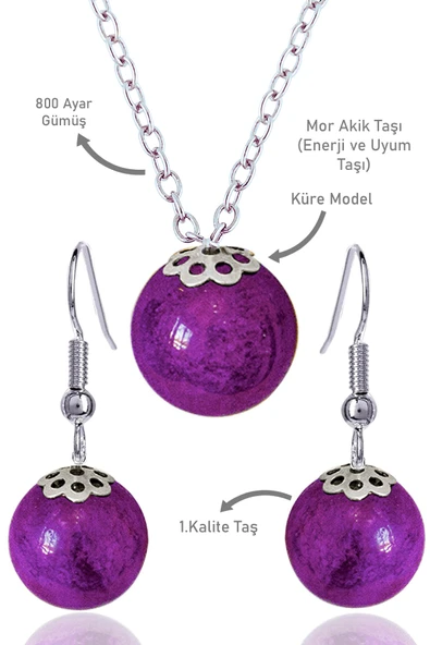 Sertifikalı Küre Model Mor Akik Taşı Kolye ve Küpe Seti - Gümüş Aparatlı - 1