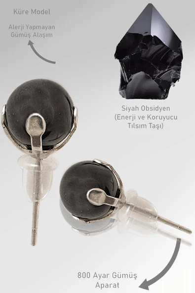 Sertifikalı Gerçek Siyah Obsidyen Taşı Nokta Doğal Taş Küpe ürün görseli