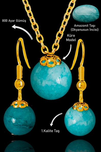 Sertifikalı Gold Küre Model Amazonit Taşı Kolye ve Küpe Seti - Gümüş Aparatlı