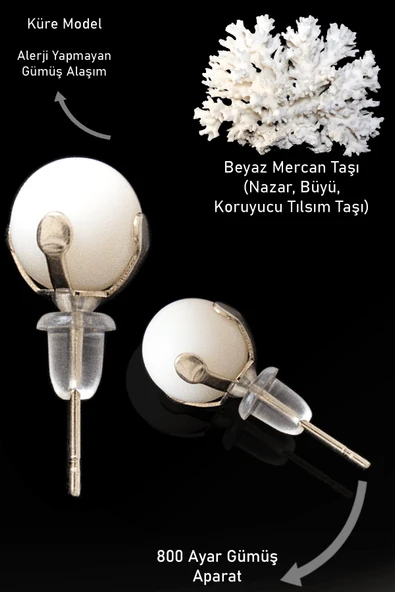 Sertifikalı Gerçek Beyaz Mercan Taşı Nokta Doğal Taş Küpe ürün görseli