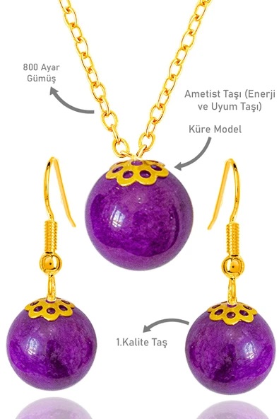 Sertifikalı Gold Küre Model Mor Akik Taşı Kolye ve Küpe Seti - Gümüş Aparatlı