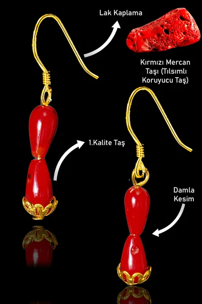 Sertifikalı 24k Altın Kaplama Damla Model Gerçek Kırmızı Mercan Taşı Küpe