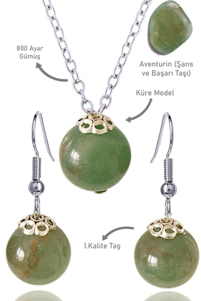Sertifikalı Küre Model Fasetli Aventurin Taşı Kolye ve Küpe Seti - Gümüş Aparatlı