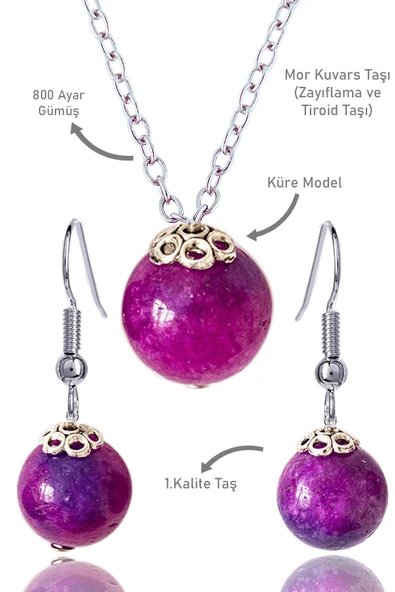 Sertifikalı Küre Model Mor Kuvars Taşı Kolye ve Küpe Seti - Gümüş Aparatlı - 1