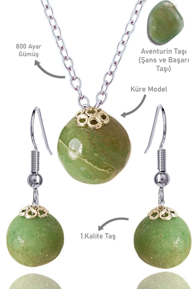 Sertifikalı Küre Model Fasetli Aventurin Taşı Kolye ve Küpe Seti - Gümüş Aparatlı - 2