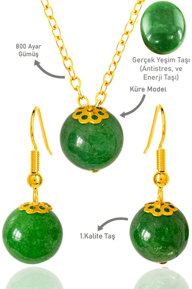 Sertifikalı Gold Küre Model Yeşim Taşı Kolye ve Küpe Seti - Gümüş Aparatlı