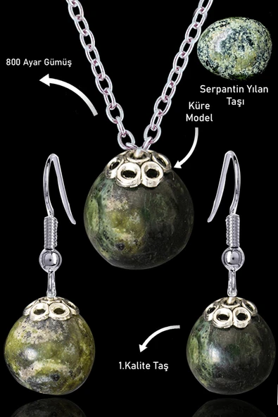 Sertifikalı Küre Model Serpantin Yılan Taşı Kolye ve Küpe Seti - Gümüş Aparatlı - 1