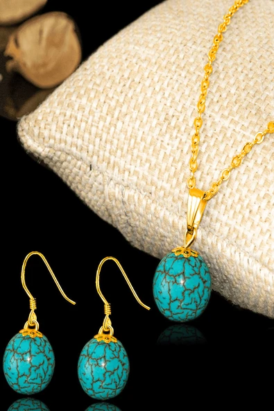 Sertifikalı Orijinal Gold Küre Model Firuze Taşı Kolye ve Küpe Seti (Turkuaz Taşı)