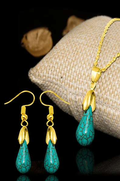 Sertifikalı Gold Damla Kesim Firuze - Turkuaz Taşı Kolye ve Küpe Seti