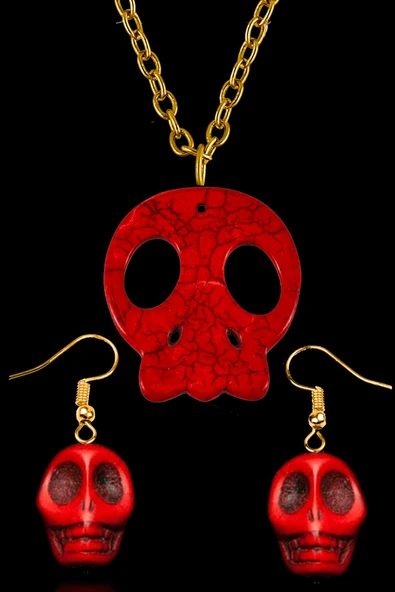 Sertifikalı Gold İskelet Model Kırmızı Havlit Taşı Kolye ve Küpe Seti ürün görseli