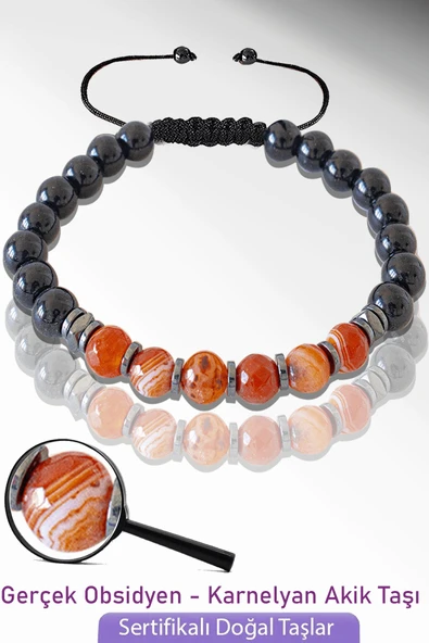 Sertifikalı Doğal Obsidyen - Karnelyan Akik Taşı Bileklik - Ayarlamalı ürün görseli