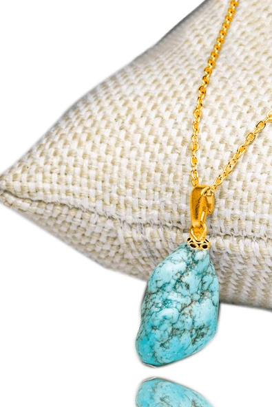 Sertifikalı Gold Ham Işlenmemiş Doğal Firuze Taşı Kolye ve Küpe Seti (Turkuaz Taşı) - Resim 3