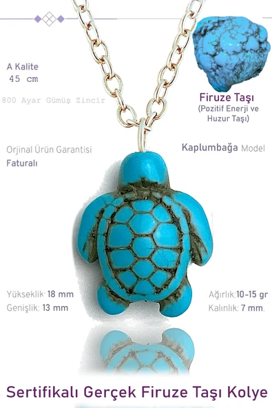 Sertifikalı Kaplumbağa Model Gerçek Firuze Taşı Kolye - Mini Boy