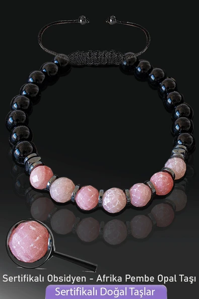 Sertifikalı Doğal Obsidyen - Afrika Pembe Opal Taşı Bileklik - Ayarlamalı