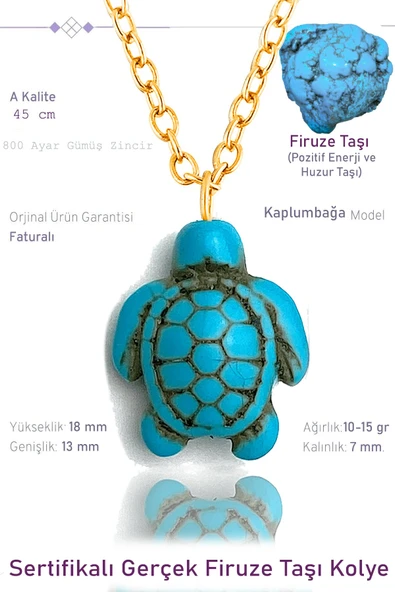 Sertifikalı Gold Kaplumbağa Model Gerçek Firuze Taşı Kolye ve Küpe Seti - Resim 3