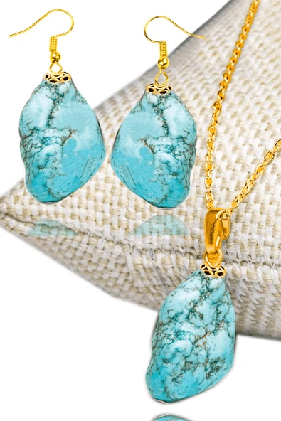 Sertifikalı Gold Ham Işlenmemiş Doğal Firuze Taşı Kolye ve Küpe Seti (Turkuaz Taşı) ürün görseli