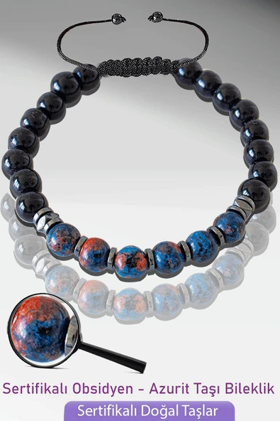 Sertifikalı Gerçek Doğal Obsidyen - Azurit Taşı Bileklik - Ayarlamalı ürün görseli