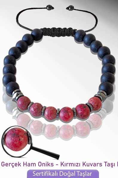 Sertifikalı Doğal Ham Oniks - Kırmızı Kuvars Taşı Bileklik - Ayarlamalı ürün görseli