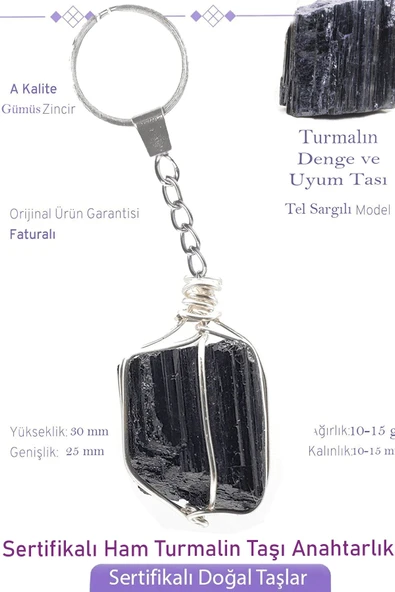 Sertifikalı Ham İşlenmemiş Turmalin Taşı Anahtarlık - Tel Sargılı ürün görseli