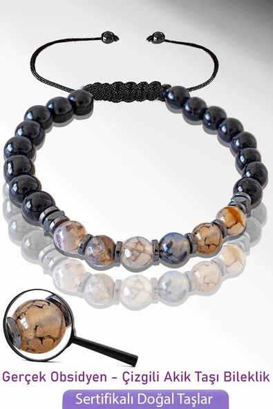 Sertifikalı Gerçek Doğal Obsidyen - Çizgili Akik Taşı Bileklik - Ayarlamalı ürün görseli