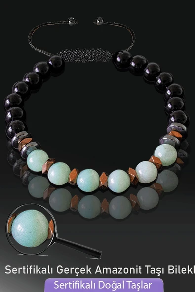 Sertifikalı Doğal Obsidyen - Amazonit Taşı Bileklik - Ayarlamalı