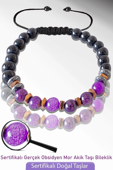 Sertifikalı Doğal Obsidyen - Mor Akik Taşı Bileklik - Ayarlamalı ürün görseli