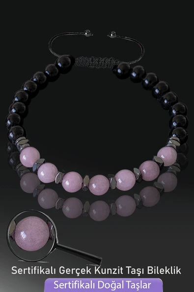 Sertifikalı Doğal Obsidyen - Kunzit Taşı Bileklik - Ayarlamalı ürün görseli