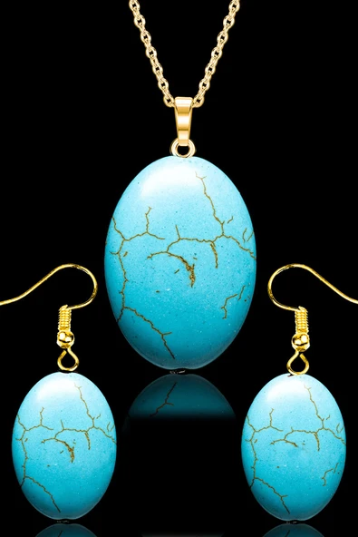 Sertifikalı Oval Model Firuze Taşı Kolye ve Küpe Seti - 24k Altın Kaplama