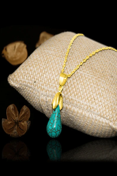 Sertifikalı Gold Damla Kesim Firuze - Turkuaz Taşı Kolye ve Küpe Seti - 3