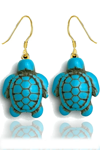 Sertifikalı Gold Kaplumbağa Model Gerçek Firuze Taşı Kolye ve Küpe Seti - Resim 2