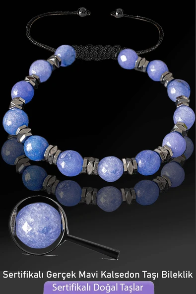 Sertifikalı Fasetli Gerçek Mavi Kalsedon Taşı Bileklik - Ayarlamalı ürün görseli
