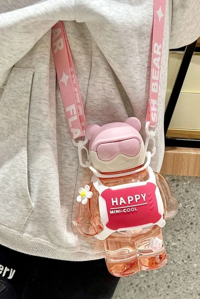 Robottle Pembe Figürlü Suluk Robot Matara Polikarbon Su Matarası 800ml Okul Suluğu