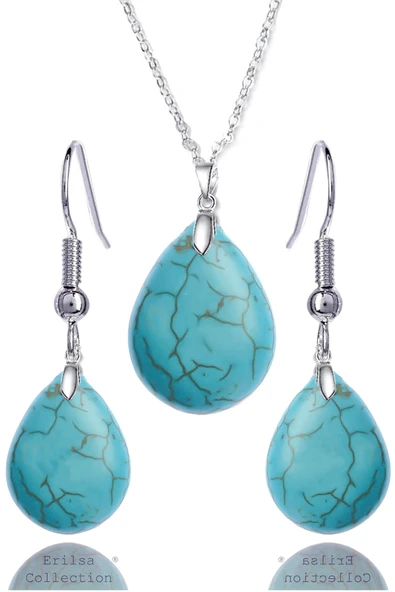 Sertifikalı Damla Model Firuze Taşı Kolye ve Küpe Seti ürün görseli