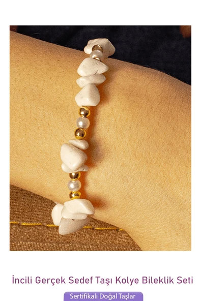 Sertifikalı İncili Beyaz Sedef Taşlı Doğal Taş Kolye Bileklik Seti - 3