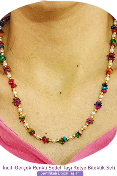 Sertifikalı İncili Multicolor Renkli Sedef Taşlı Doğal Taş Kolye Bileklik Seti - 3