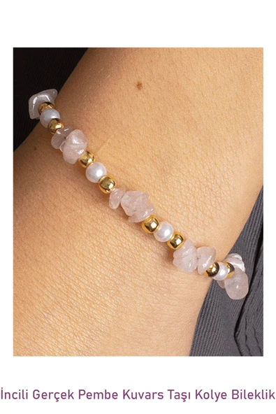 Sertifikalı İncili Pembe Kuvars Taşlı Doğal Taş Kolye Bileklik Seti - 3