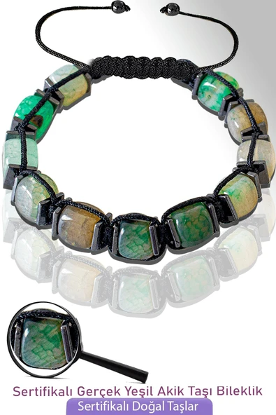 Sertifikalı Küp Model Doğal Yeşil Akik Taşı Bileklik - Ayarlamalı ürün görseli
