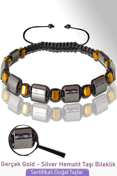 Sertifikalı Gerçek Gold - Silver Hematit Taşı Bileklik - Ayarlamalı ürün görseli