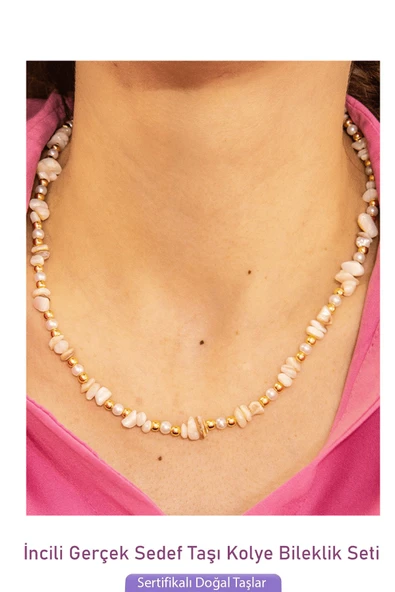 Sertifikalı İncili Doğal Sedef Taşlı Doğal Taş Kolye Bileklik Seti - 2