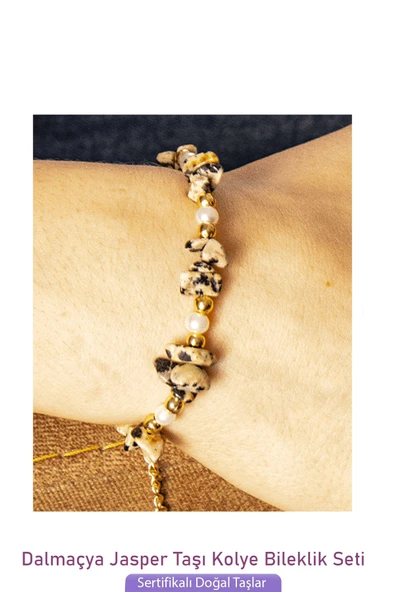 Sertifikalı İncili Dalmaçya Jasper Taşlı Doğal Taş Kolye Bileklik Seti - 3