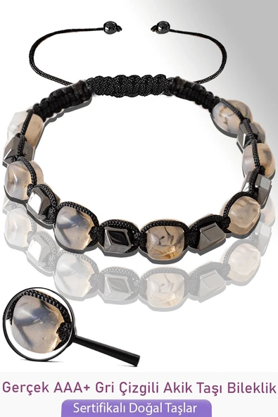 Sertifikalı Küp Model Gerçek Gri Çizgili Akik Taşı Bileklik - Ayarlamalı ürün görseli