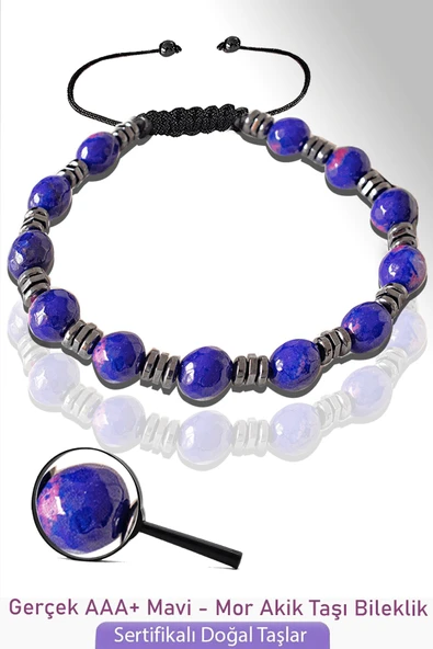 Sertifikalı Fasetli Gerçek Mavi Mor Akik Taşı Bileklik - Ayarlamalı ürün görseli